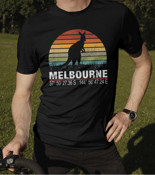 Melbourne Retro Sun Kangaroo With GPS Coordinates 37°50'27.36S 144°56'47.24E T-Shirt