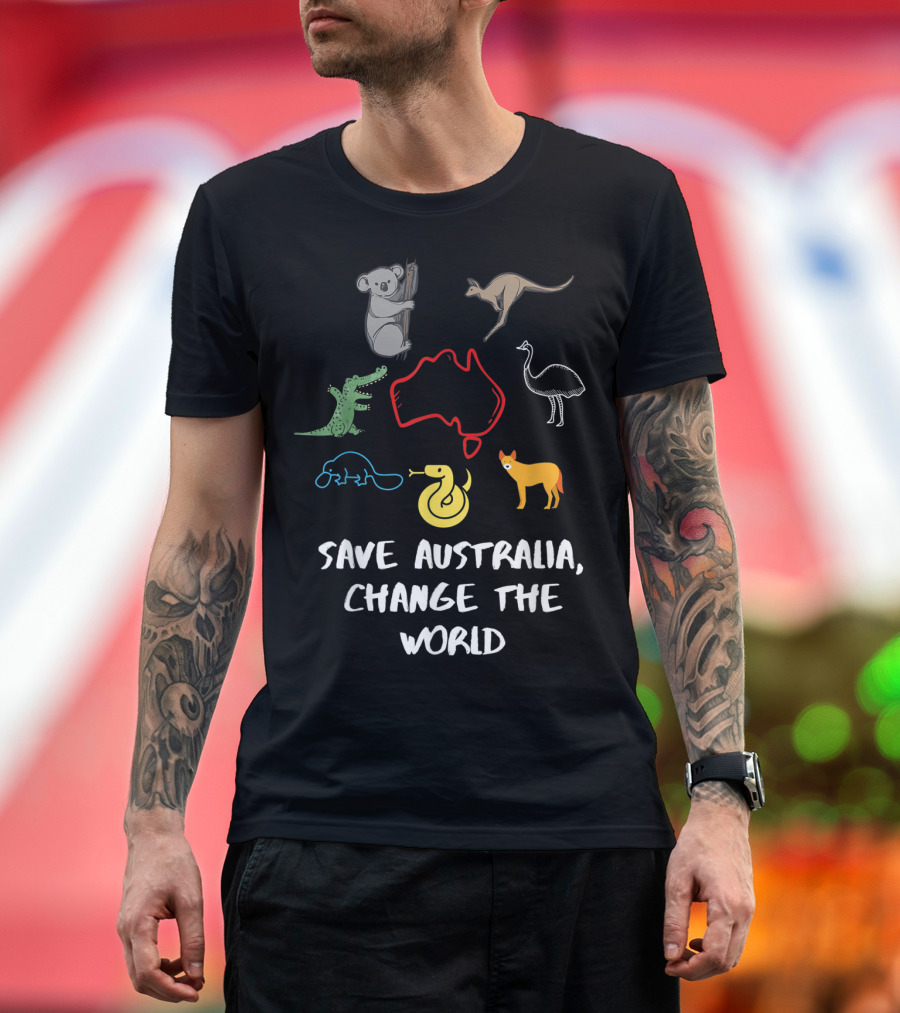 Save Australia Change The World Animals Koala Kangaroo Emu Crocodile Platypus Dingo T-Shirt