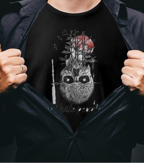 I Hate People Skull With Forest And Red Sun T-Shirt