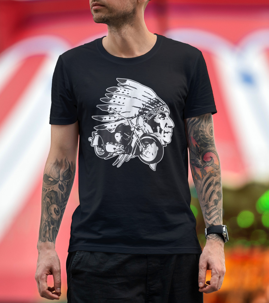 Motorcycle Biker Native American Chief with Headdress Riding Motorcycle T-Shirt