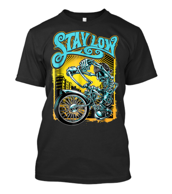 Stay Low Biker Skeleton Chopper Cycle Latino Cityscape T-Shirt