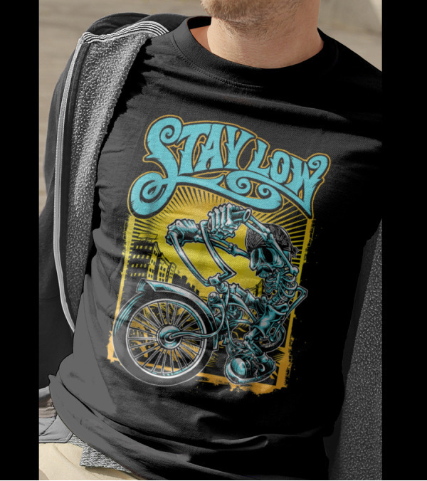 Stay Low Biker Skeleton Chopper Cycle Latino Cityscape T-Shirt