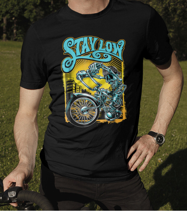 Stay Low Biker Skeleton Chopper Cycle Latino Cityscape T-Shirt