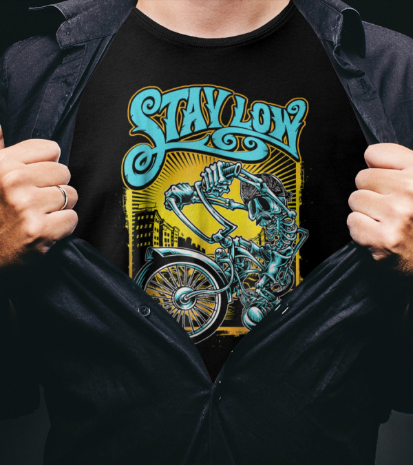 Stay Low Biker Skeleton Chopper Cycle Latino Cityscape T-Shirt