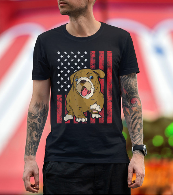 Premium T-Shirt: Bulldog Puppy Over American Distressed Flag T-Shirt Bulldog Puppy Over American Distressed Flag T-Shirt