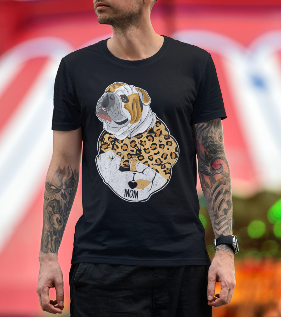 I Love Mom Leopard English Bulldog T-Shirt