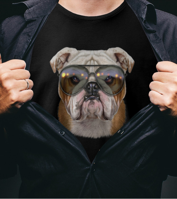 Grumpy Bulldog With Swag Aviator Sunglasses T-Shirt