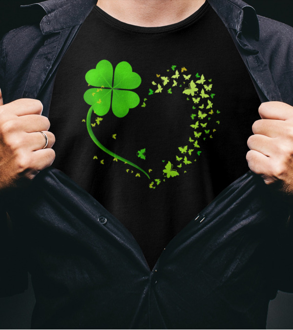 Heart Shaped Shamrock Butterfly Happy St Patrick's Day T-Shirt