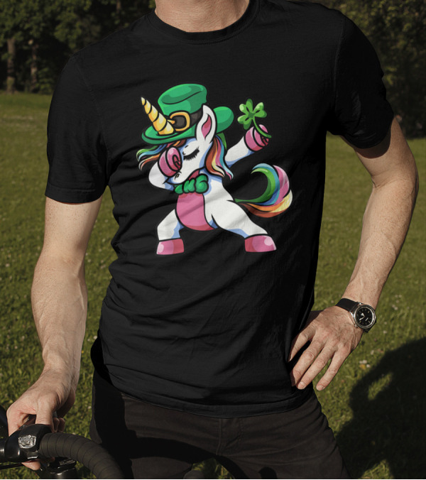 St Patricks Day Lepricorn Dabbing Unicorn With Shamrock And Green Hat T-Shirt
