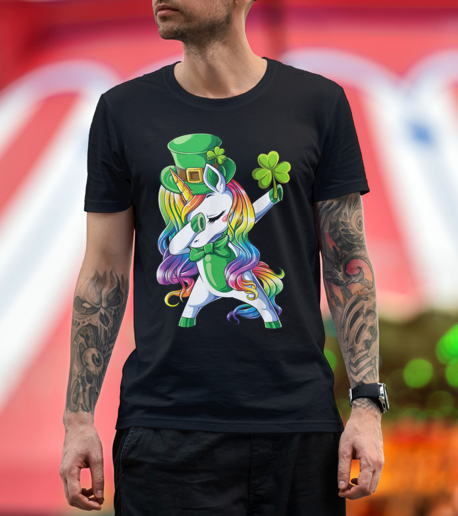 St Patricks Day Rainbow Unicorn with Shamrock and Top Hat Dabbing T-Shirt