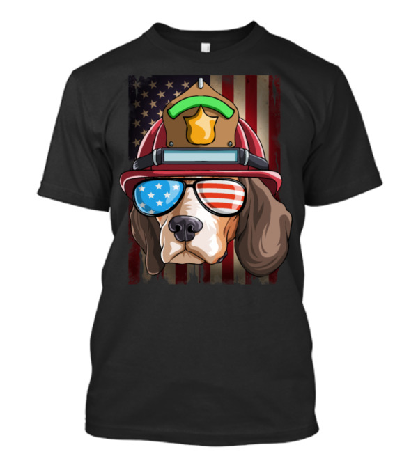 Firefighter Beagle With American Flag Sunglasses And Helmet On US Flag Background 4th Of July T-Shirt