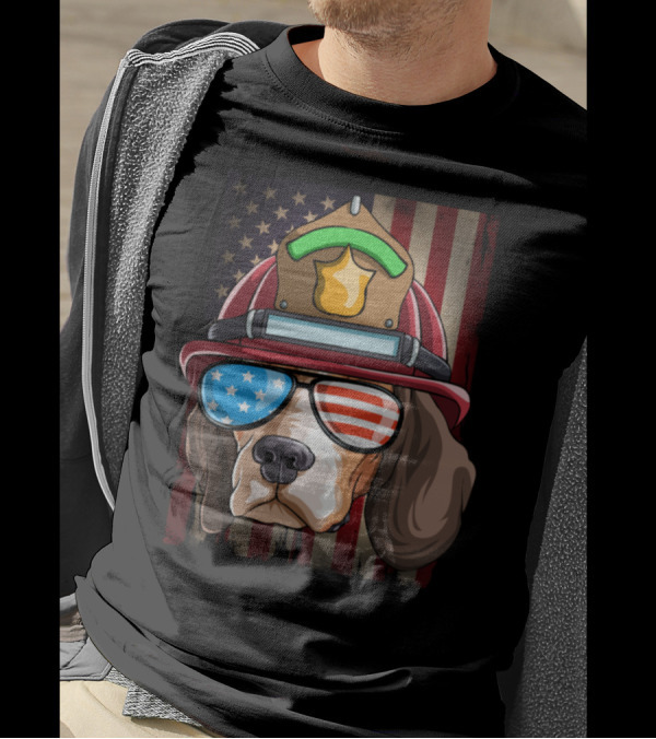 Firefighter Beagle With American Flag Sunglasses And Helmet On US Flag Background 4th Of July T-Shirt