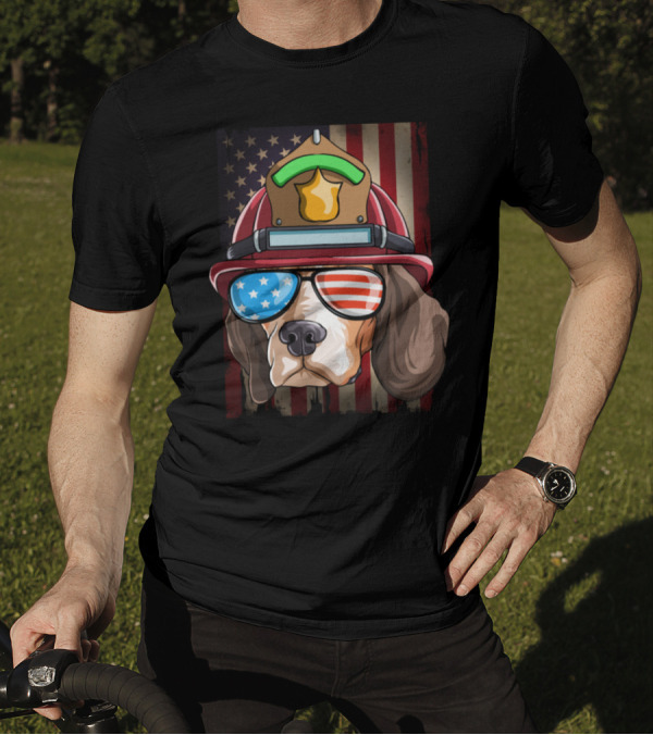 Firefighter Beagle With American Flag Sunglasses And Helmet On US Flag Background 4th Of July T-Shirt