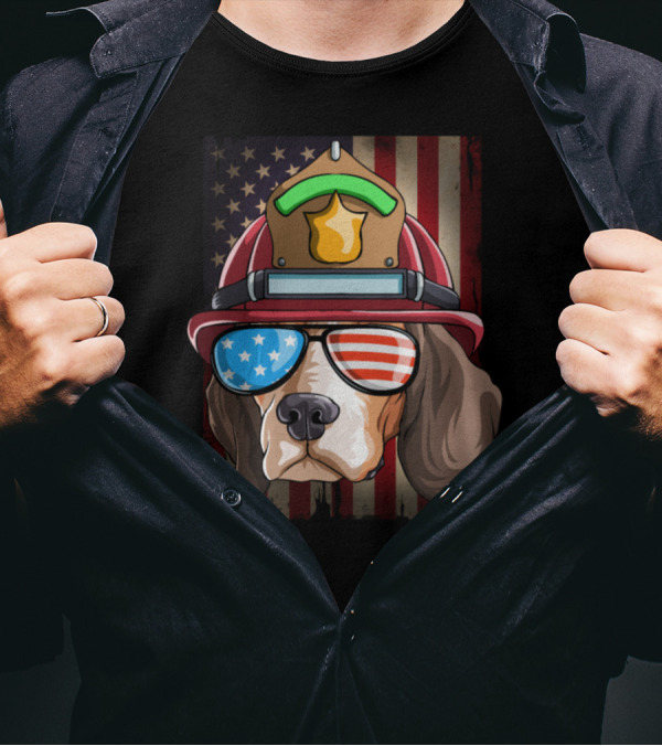 Firefighter Beagle With American Flag Sunglasses And Helmet On US Flag Background 4th Of July T-Shirt