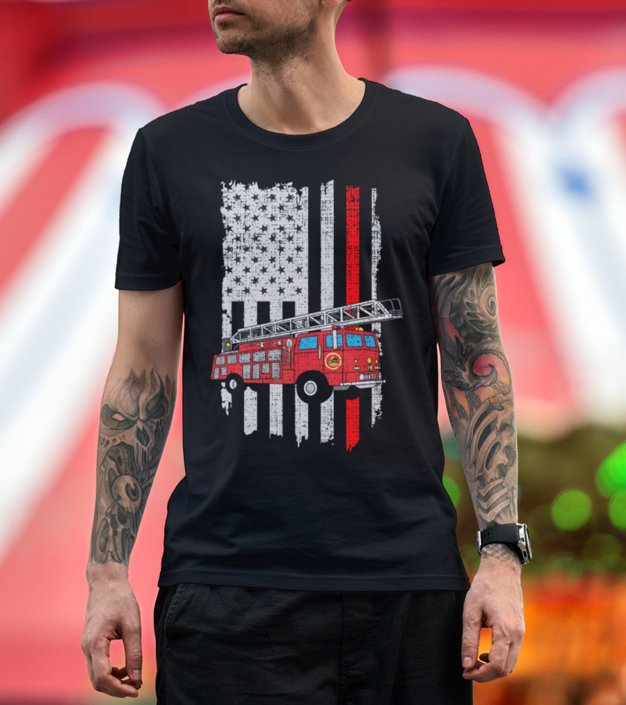 Fireman Firefighter Fire Truck with Thin Red Line American Flag T-Shirt