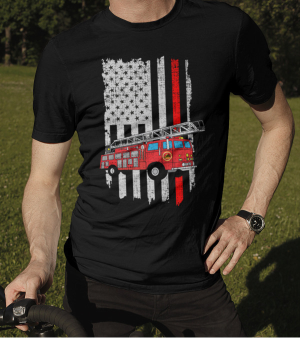 Fireman Firefighter Fire Truck With Thin Red Line American Flag T-Shirt