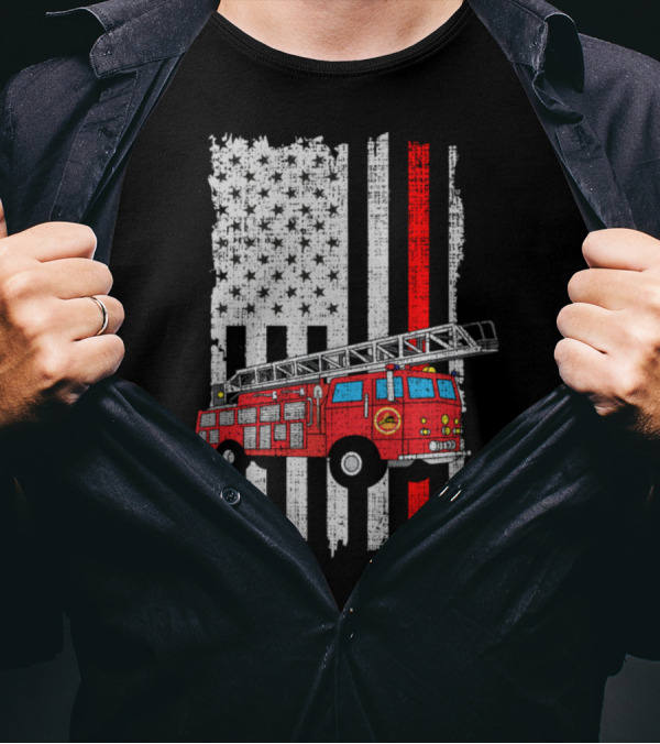 Fireman Firefighter Fire Truck With Thin Red Line American Flag T-Shirt
