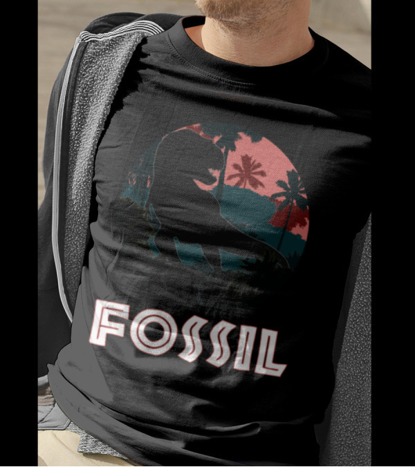 Fossil Dinosaur Silhouette With Palm Trees Retro T-Shirt
