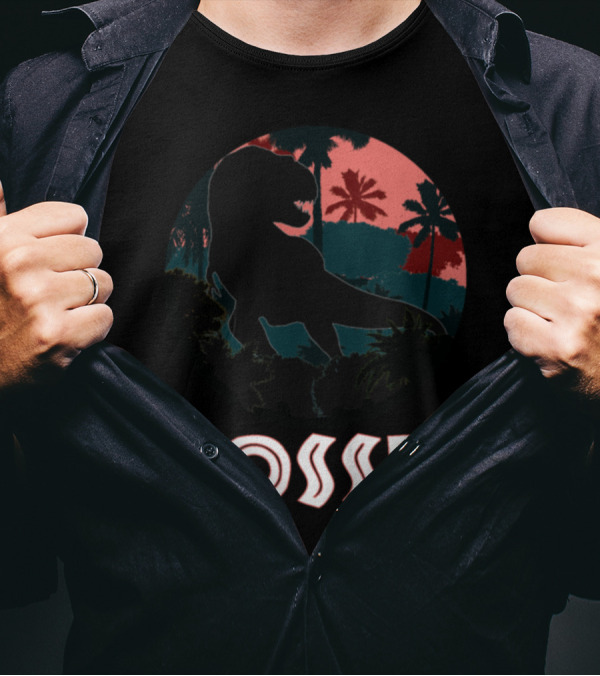 Fossil Dinosaur Silhouette With Palm Trees Retro T-Shirt