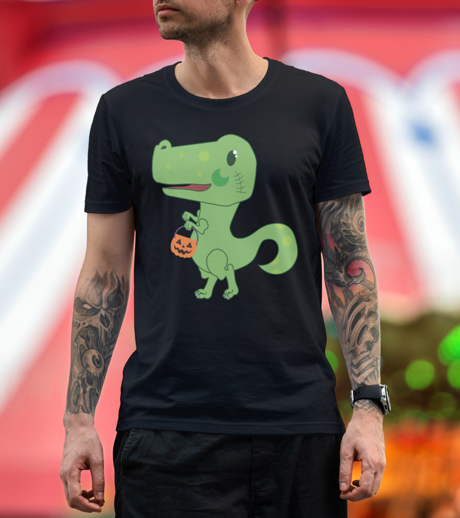 Halloween Trex Dinosaur Holding Pumpkin Basket T-Shirt