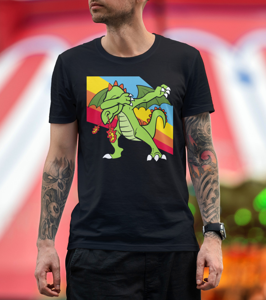 Retro Vintage Dabbing Dab Dragon with Rainbow Stripes Pop T-Shirt