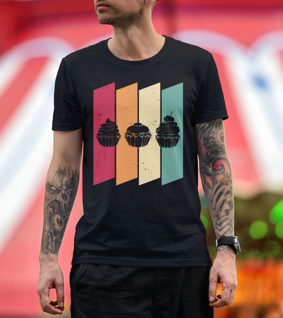 Cupcake Muffin Cake Baker Retro Colorful Stripes T-Shirt