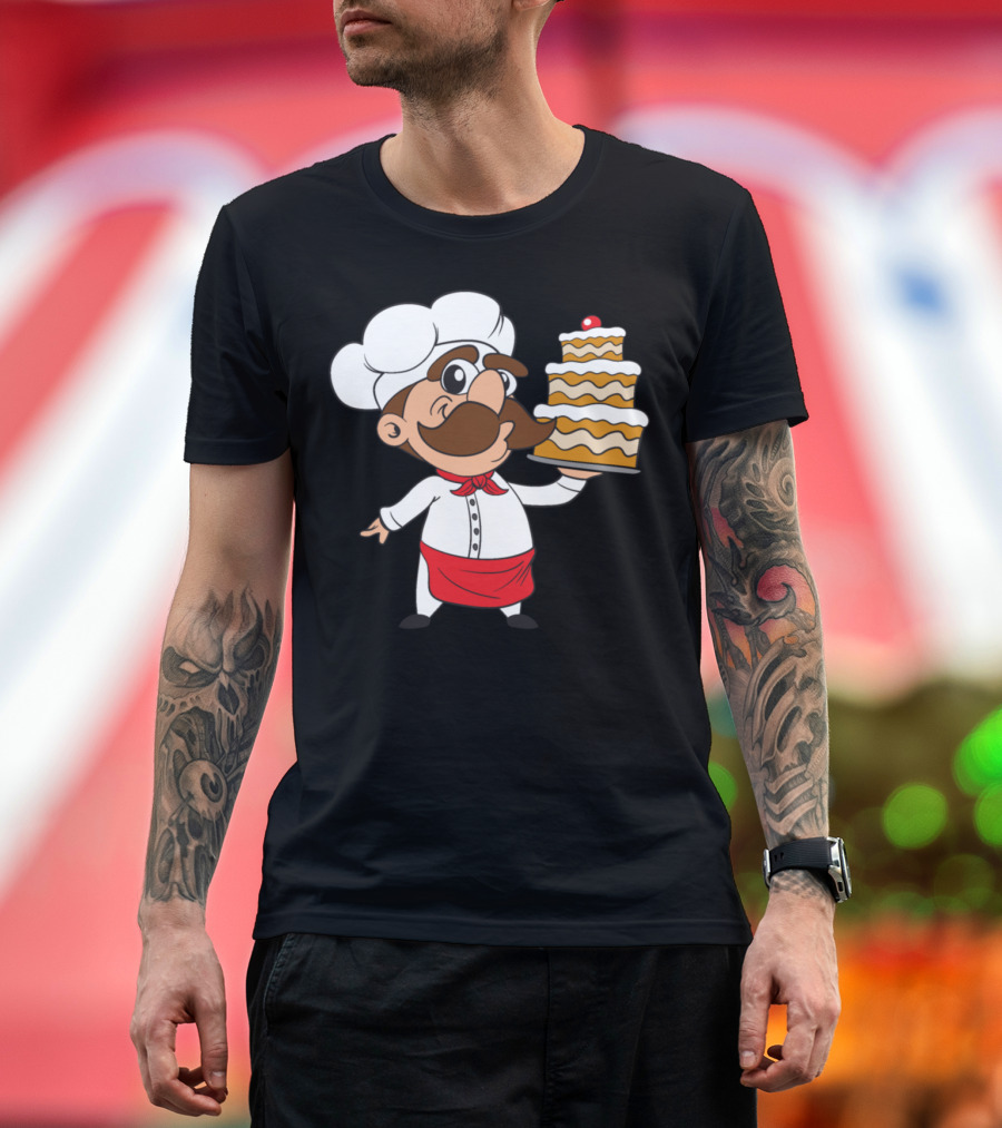 Cake Baker Holding Layered Bakery Cake with Chef Hat and Mustache T-Shirt