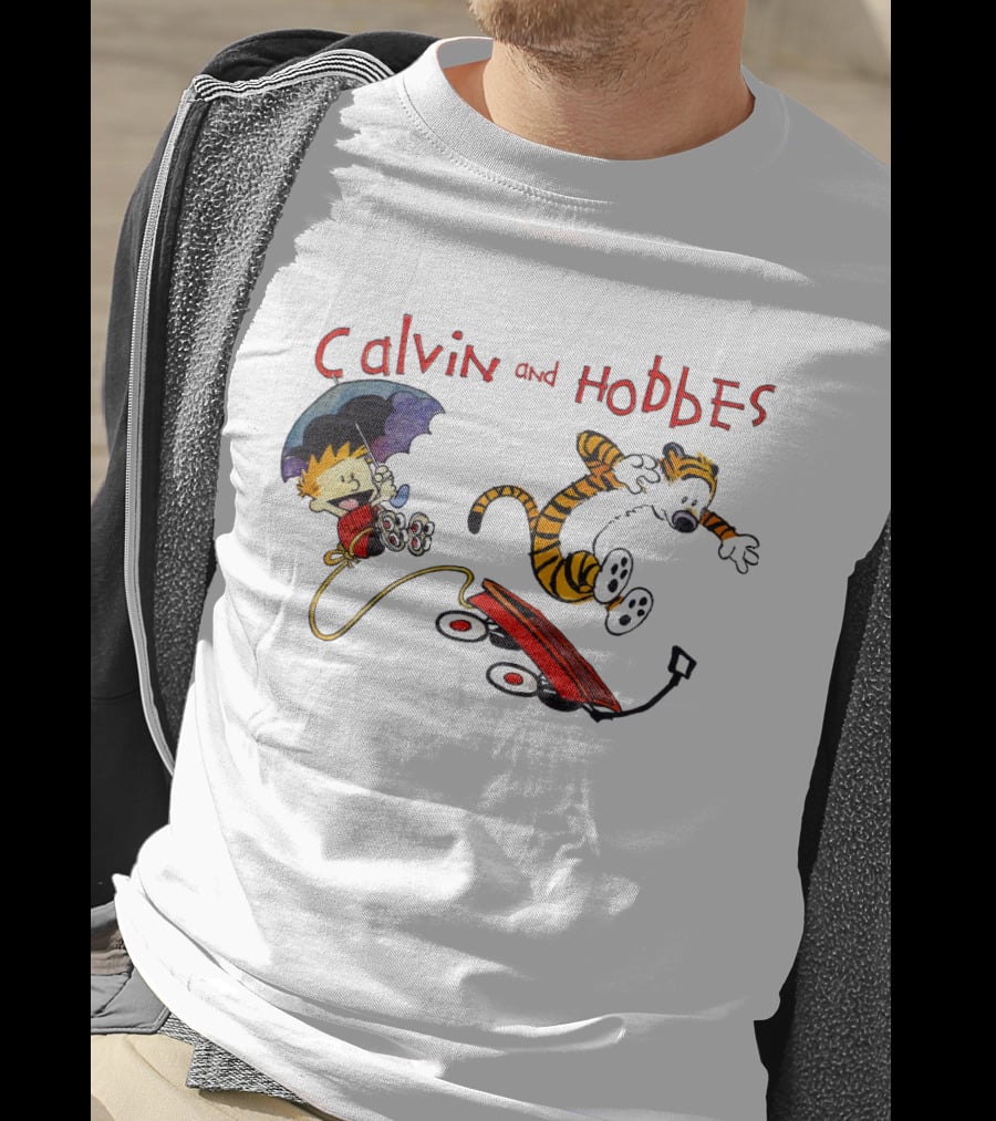 Calvin And Hobbes Adventure With Red Wagon And Umbrella T-Shirt