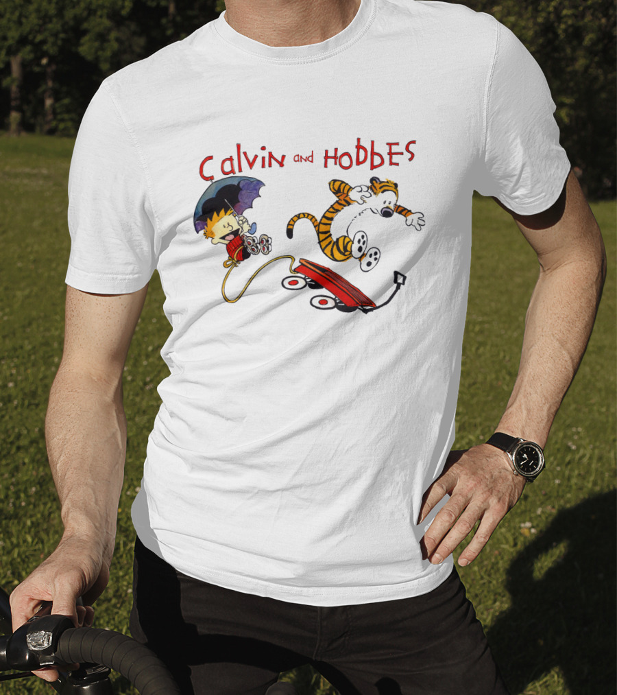 Calvin And Hobbes Adventure With Red Wagon And Umbrella T-Shirt