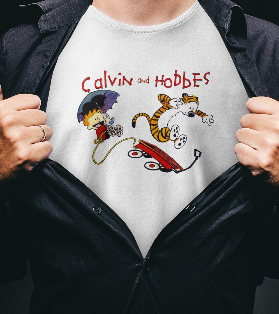 Calvin And Hobbes Adventure With Red Wagon And Umbrella T-Shirt