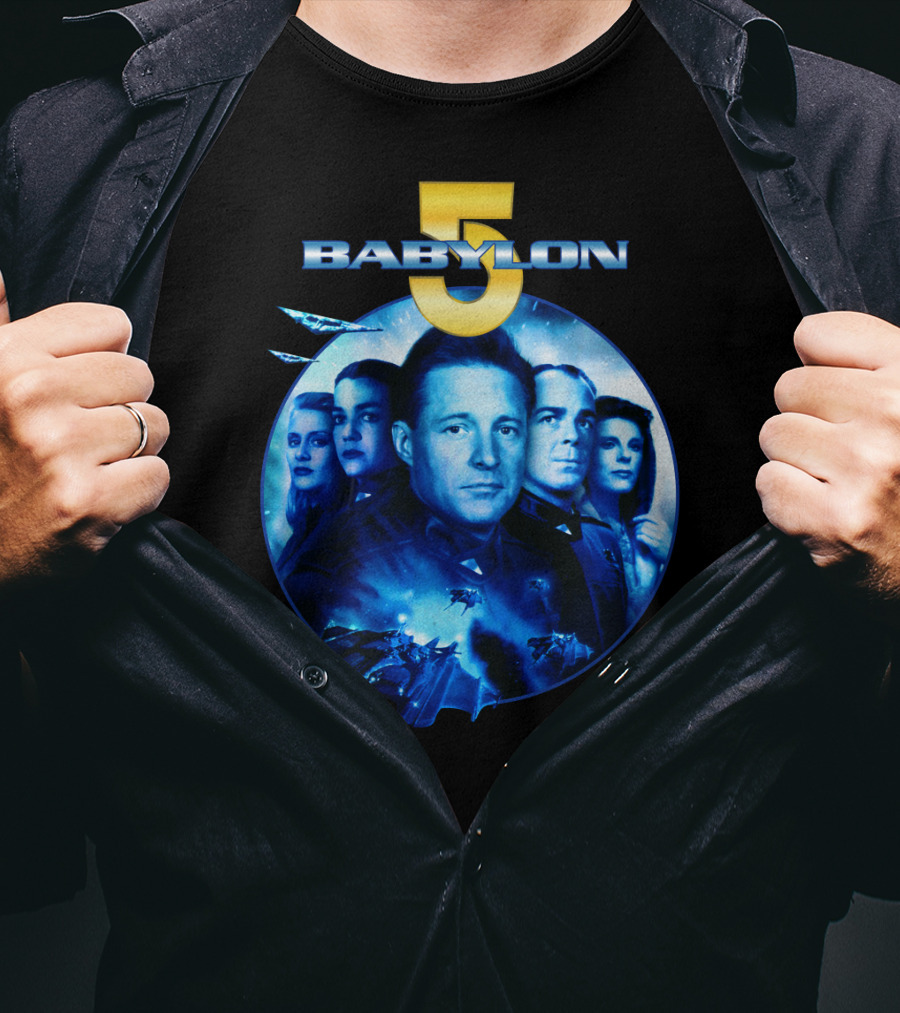 Babylon 5 Science Fiction Series Characters And Spaceship T-Shirt