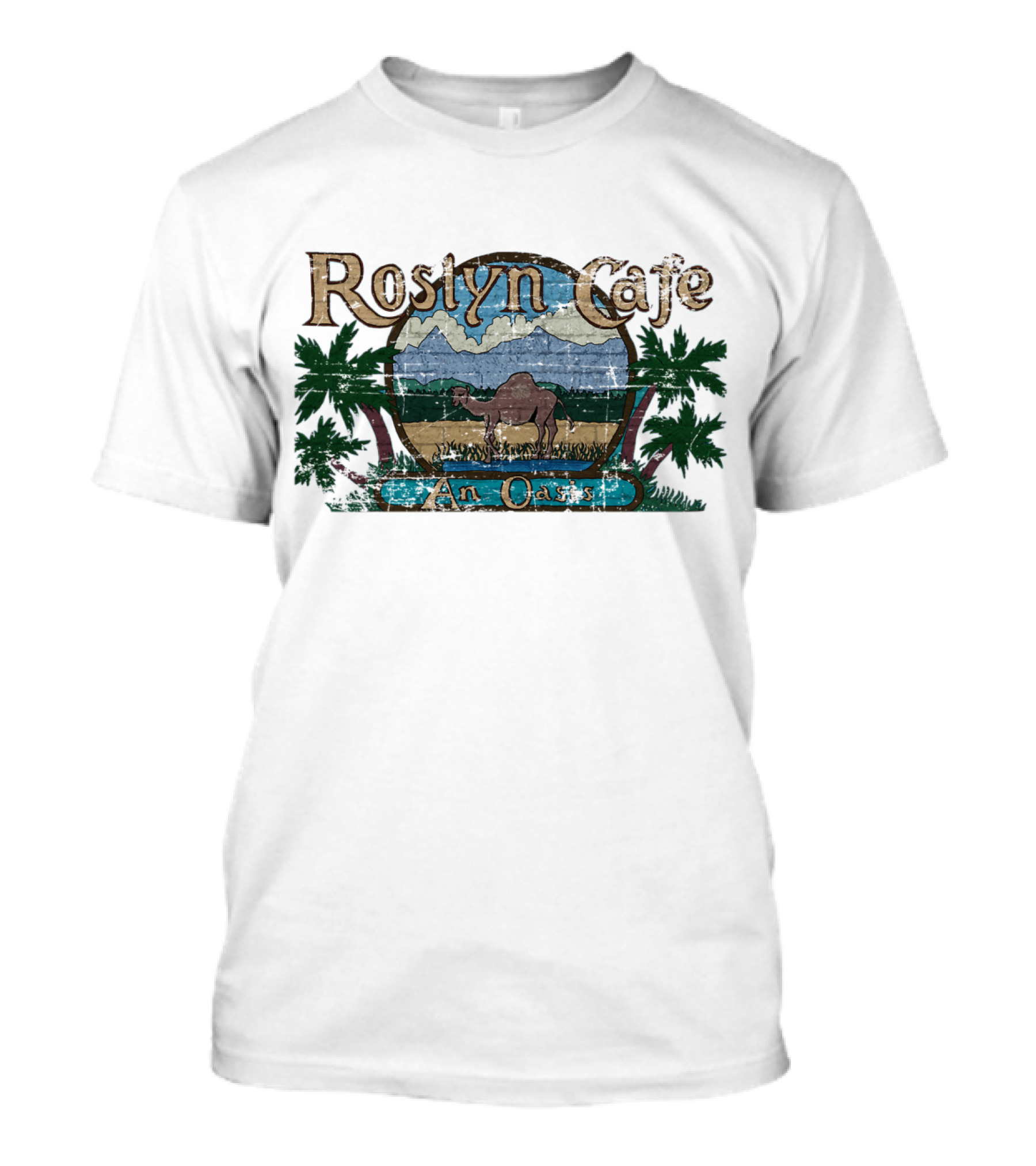 Roslyn Cafe An Oasis Camel And Palm Trees Scenic T-Shirt