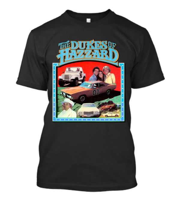 The Dukes Of Hazzard 01 Car And Characters With Jeep And Cowboy Hat T-Shirt