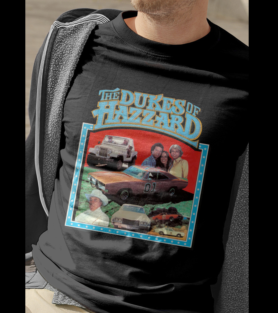 The Dukes Of Hazzard 01 Car And Characters With Jeep And Cowboy Hat T-Shirt