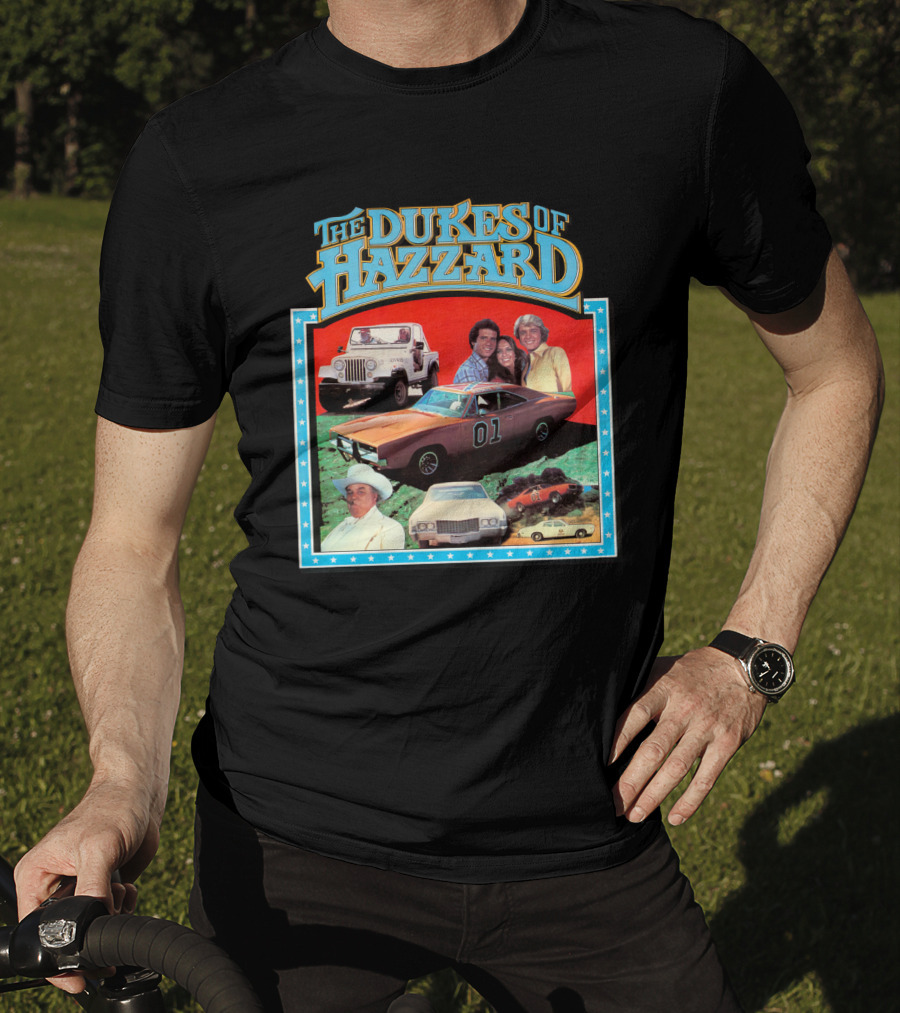 The Dukes Of Hazzard 01 Car And Characters With Jeep And Cowboy Hat T-Shirt
