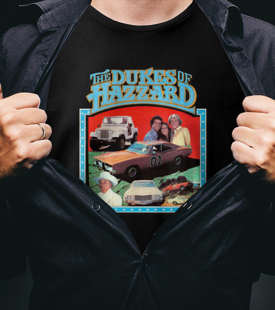 The Dukes Of Hazzard 01 Car And Characters With Jeep And Cowboy Hat T-Shirt