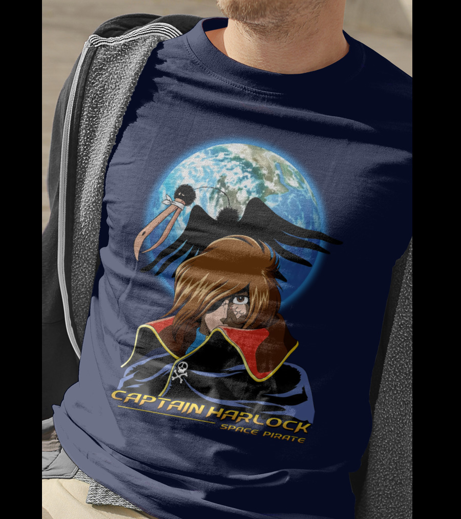 Captain Harlock Space Pirate Anime Icon With Earth And Black Bird T-Shirt