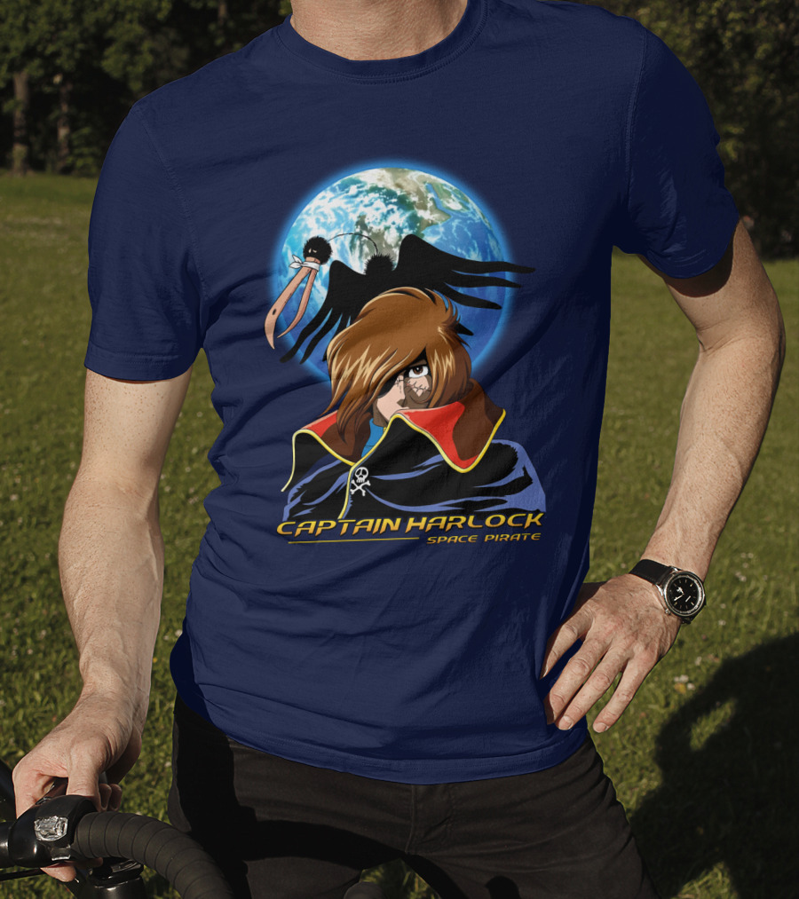 Captain Harlock Space Pirate Anime Icon With Earth And Black Bird T-Shirt