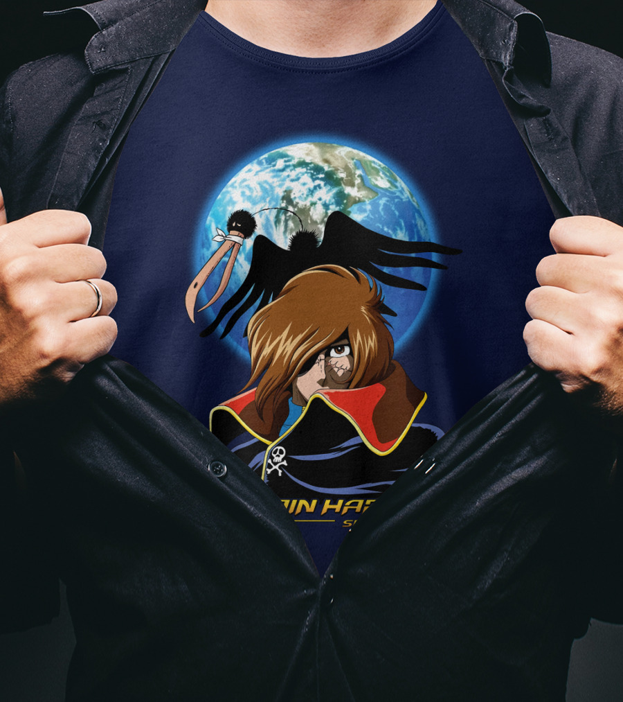 Captain Harlock Space Pirate Anime Icon With Earth And Black Bird T-Shirt