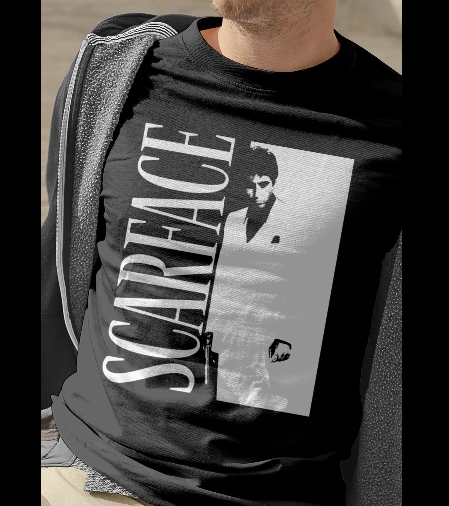 Scarface White Suit Black Background Iconic Movie Image T-Shirt