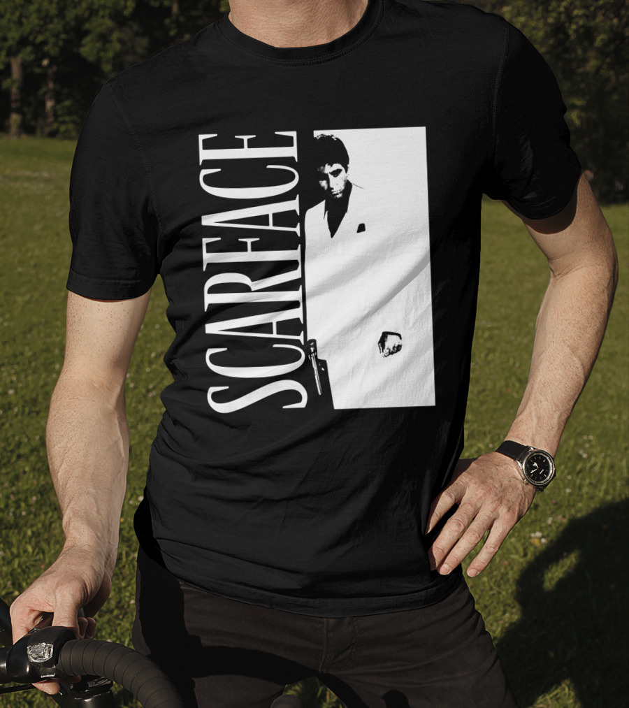 Scarface White Suit Black Background Iconic Movie Image T-Shirt