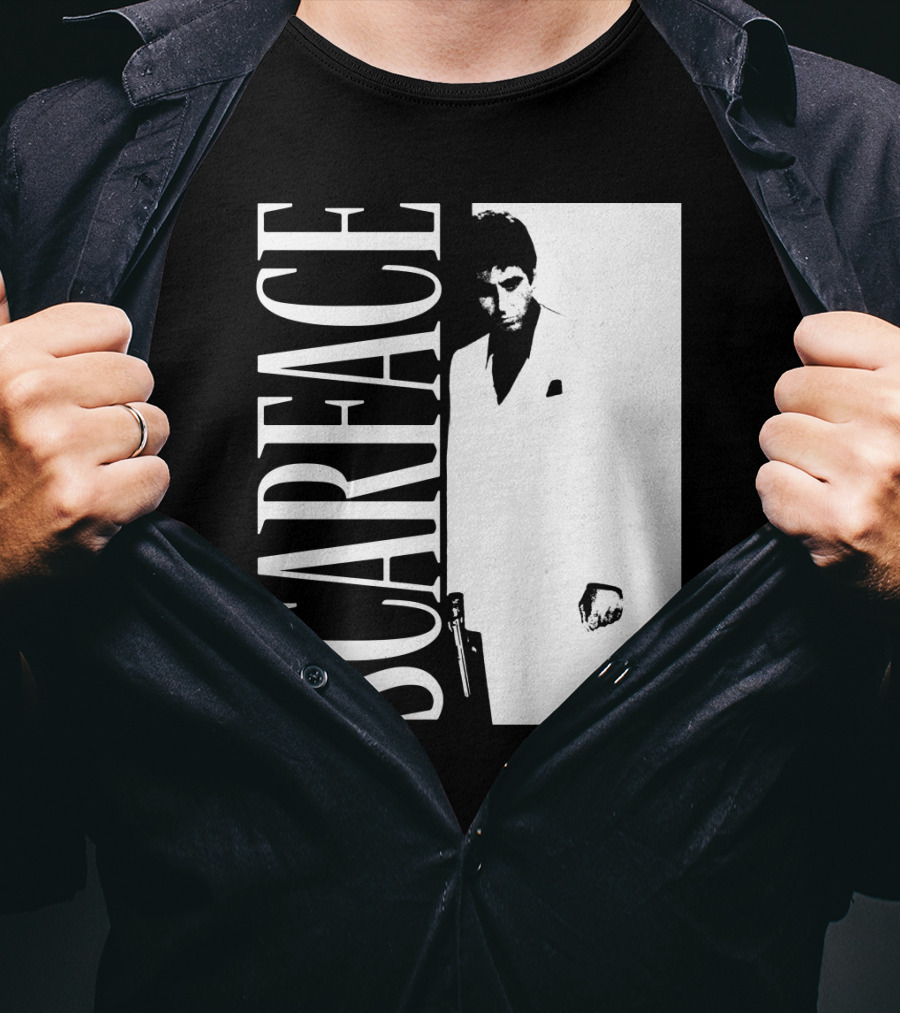 Scarface White Suit Black Background Iconic Movie Image T-Shirt