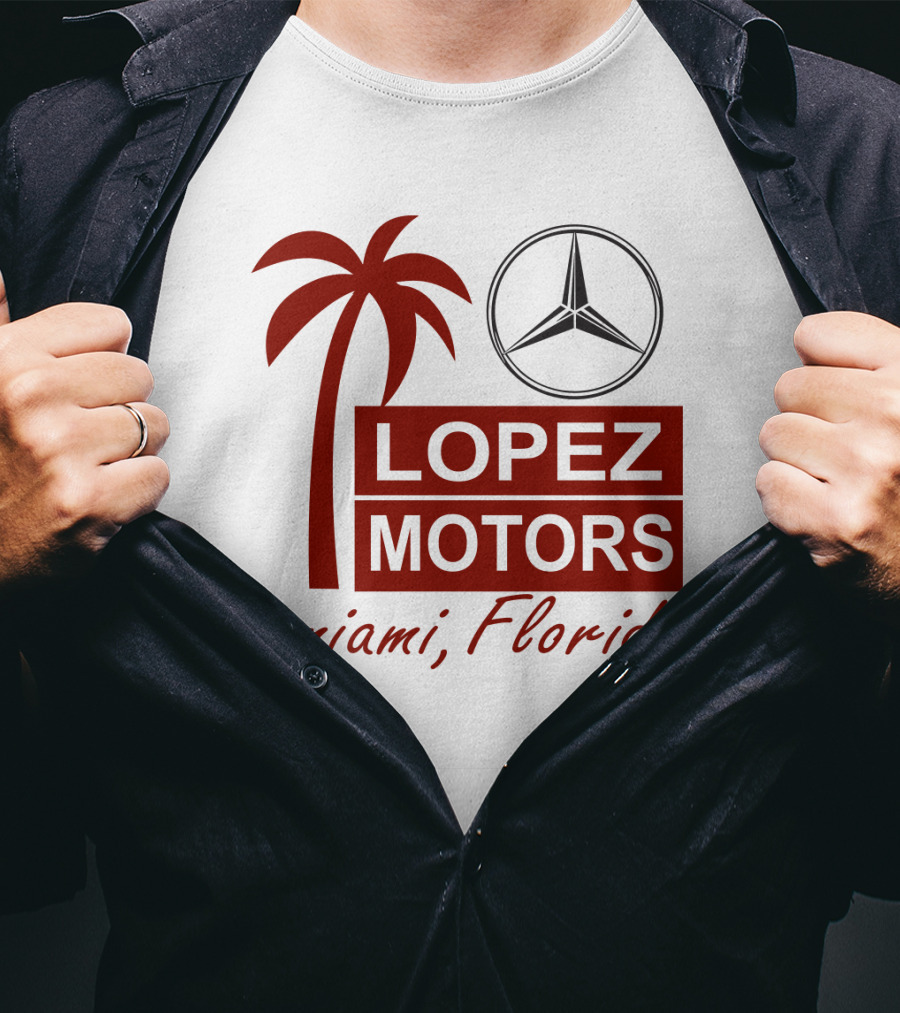 Lopez Motors Miami Florida Scarface Palm Tree Mercedes Benz Star T-Shirt