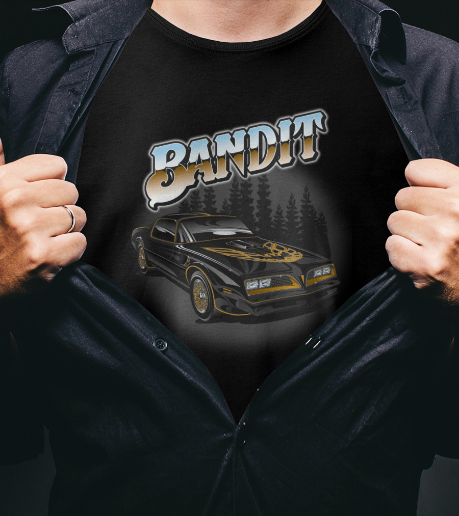BANDIT Car With Golden Hood Decal And Pine Forest Background T-Shirt