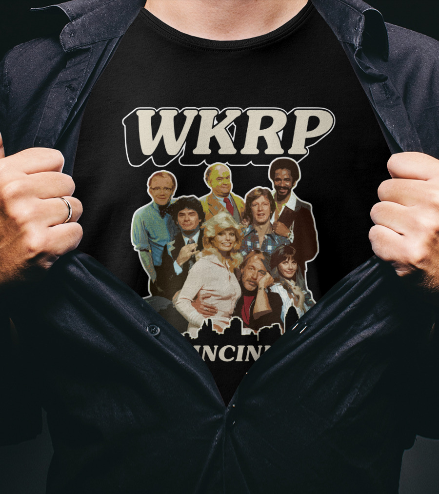 WKRP In Cincinnati Cast Photo With Cincinnati Skyline T-Shirt