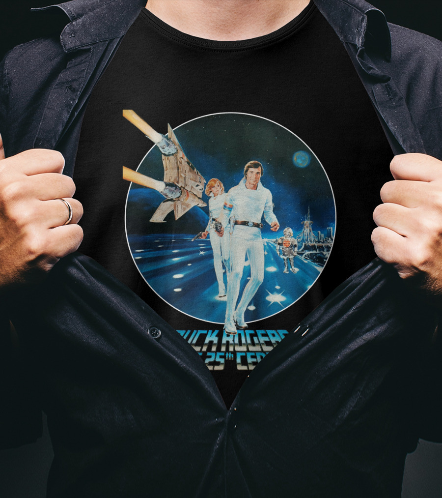 Buck Rogers In The 25th Century Space Adventure Crew And Starship On Futuristic Landscape T-Shirt