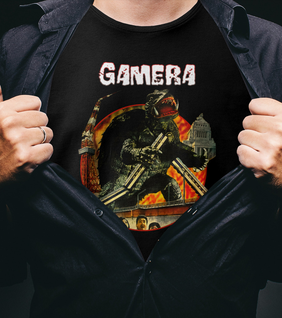 Gamera Monster Clash With Iconic Japanese Tower And Cityscape Scene T-Shirt