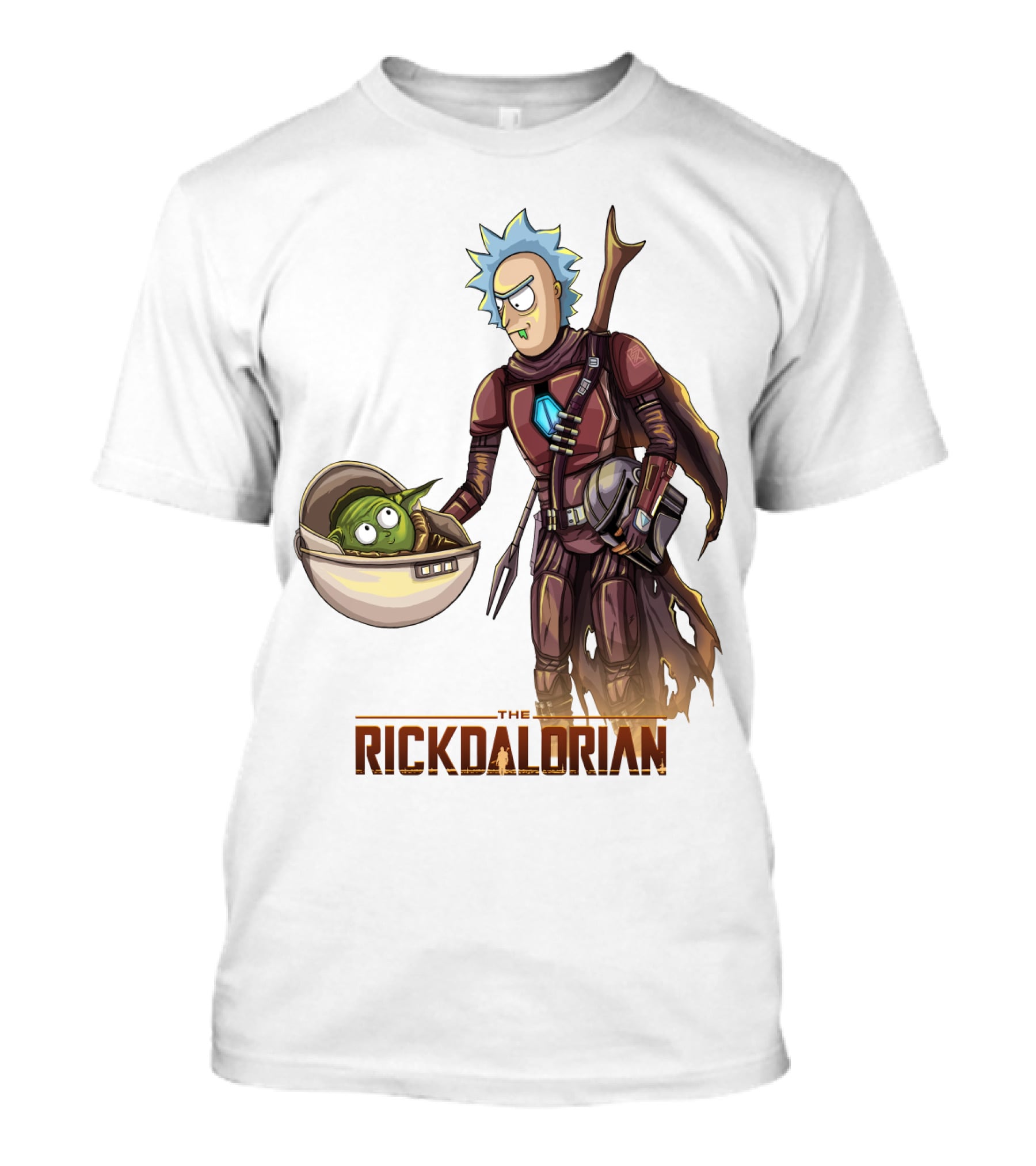 The RICKDALORIAN Sci-Fi Character Fusion With Armor And Green Alien In Pod T-Shirt