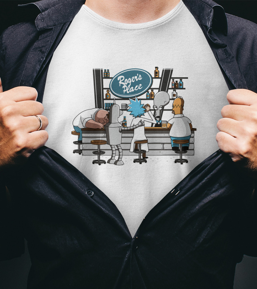 Rick And Morty Roger's Place Bar Scene With Aliens And Robots T-Shirt
