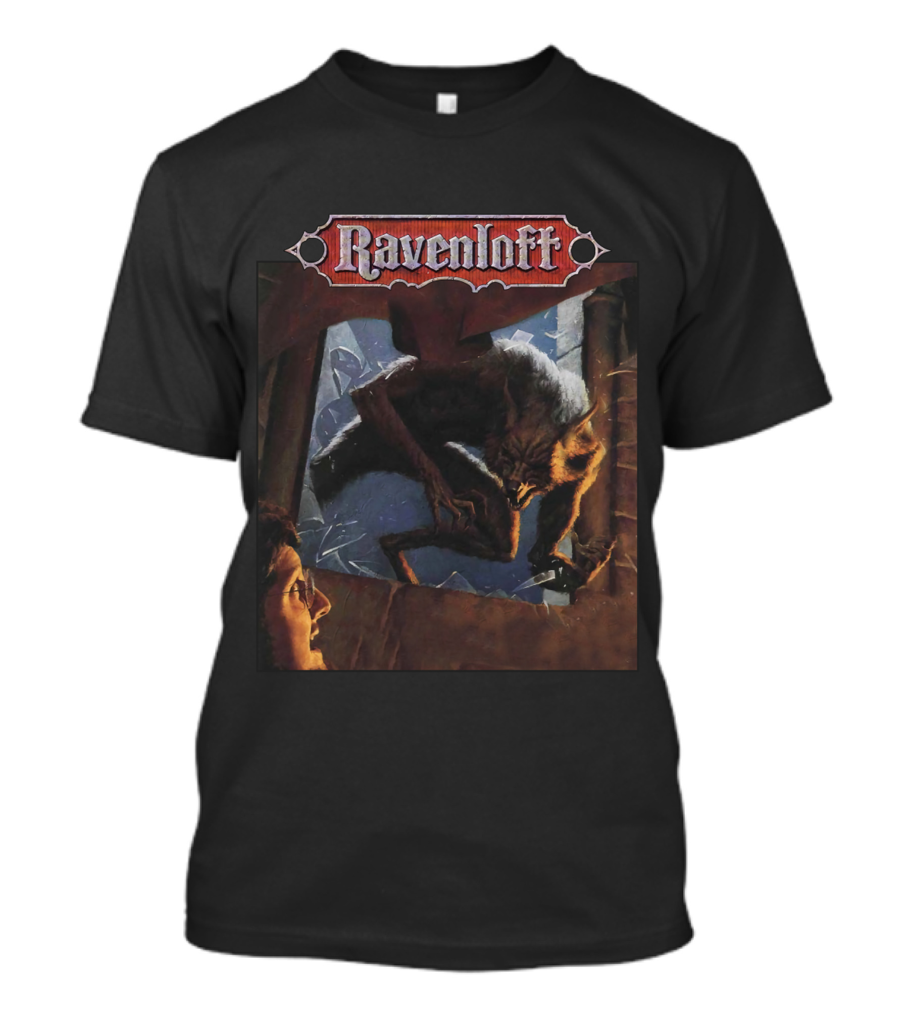 Ravenloft Dark Of The Moon Wolf And Person In Broken Window Scene T-Shirt